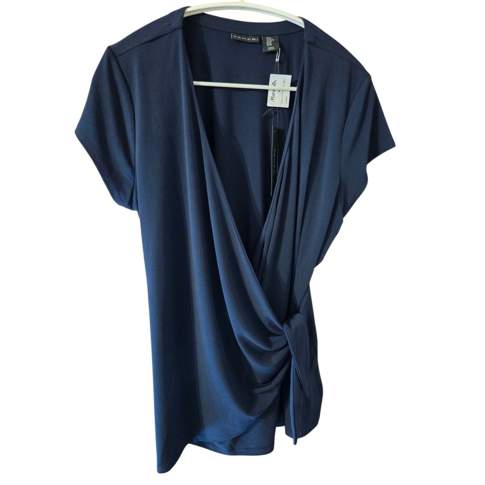 Tahari Navy Blue Dressy/Career-Wear Faux Wrap Short Sleeve‎ Top XL NWT